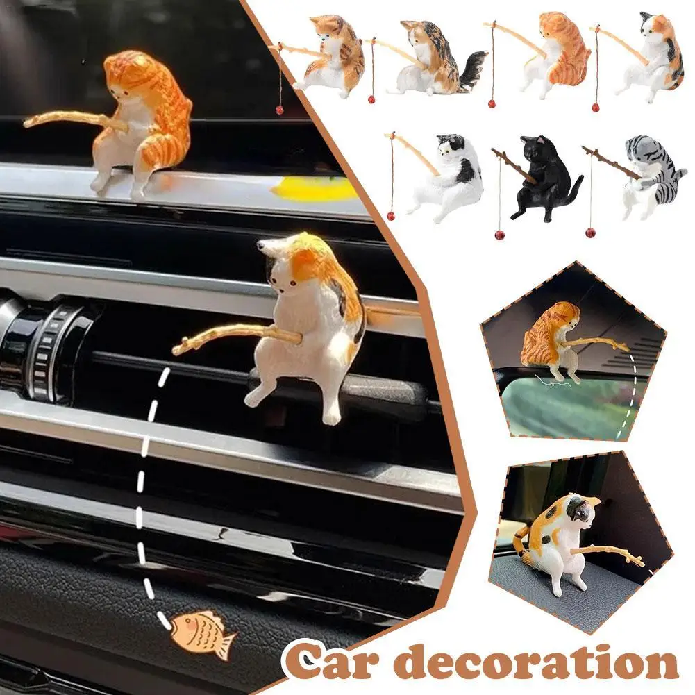 

Car New Fishing Cat Center Console Display Decoration Creative Fun Cute Fishing Kitten Resin Ornaments Car Interior Accessories