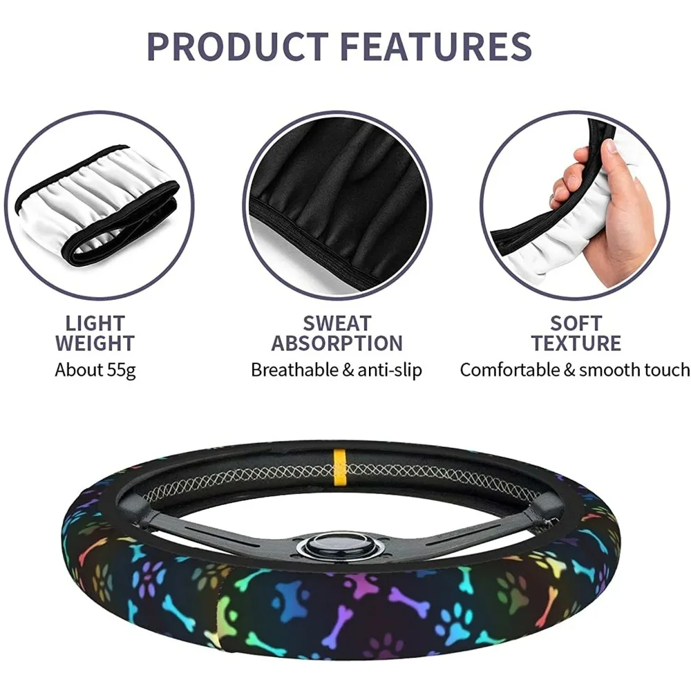 Black Rainbow Dog Paw Print Steering Wheel Cover Colorful Cute Bones Stearing Wheeler Covers Car Interior Accessories 15 Inch
