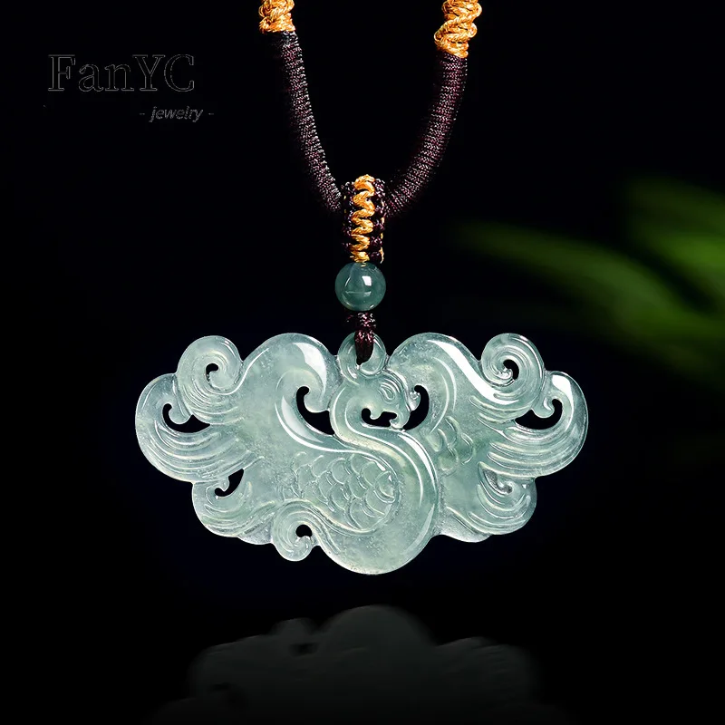 Genuino Natura Jadeíta agua azul con colgante de Fénix tipo hielo Vintage exquisito collar de jadeíta para hombres y mujeres amuleto de la suerte