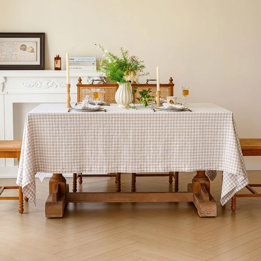 100% French Flax Plaid Gingham Tablecloth 132x90 Inch Rectangle Washed Farmhouse Dining Cover