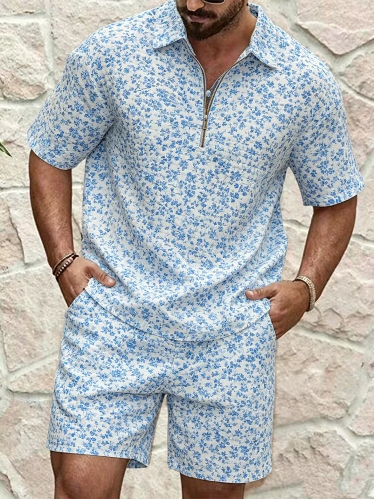 

Men's Half-Zip Short Sleeve Shirt & Shorts Set, Loose Comfort Ditsy Floral Print Casual Summer Outfit