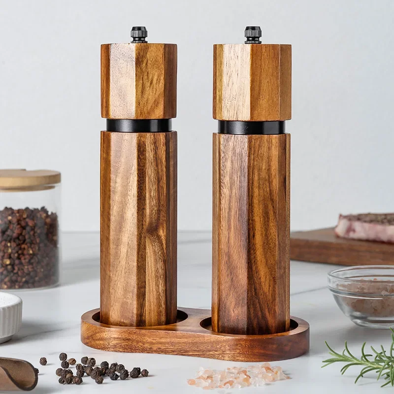 European-style Acacia Wood Pepper Grinder with Ceramic Core and Steel Ring Coarse and Fine Manual Grinder Set Kitchen Accessory