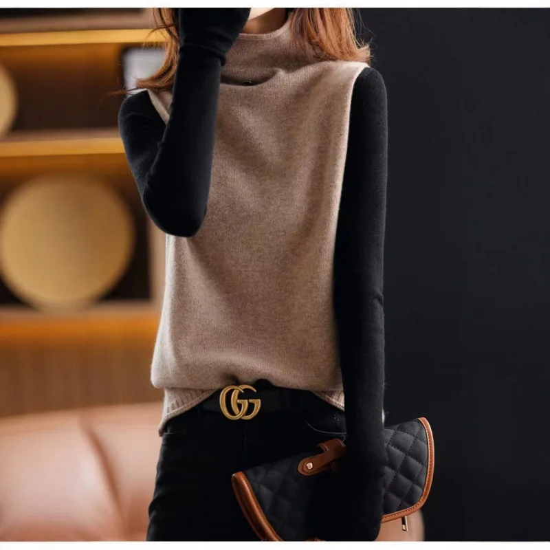 

New Cashmere Vest Women, High Collar Sleeveless Knitted Top, Autumn And Winter Versatile Slimming Inner Layer Base Shirt