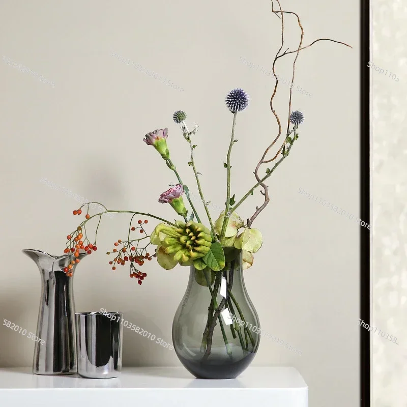 Chinese High-Grade Cyan-Gray Gourd-Shaped Glass Vase - for Entrance, Living & Dining Room