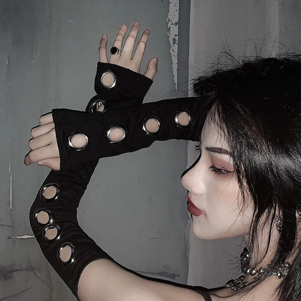 EMO Punk Arm Sleeves for Women Black Outsleeves Y2K Girl Elbow Length Streetwear Hollow Out Metal Eyelet Fingerless Gloves 1Pair