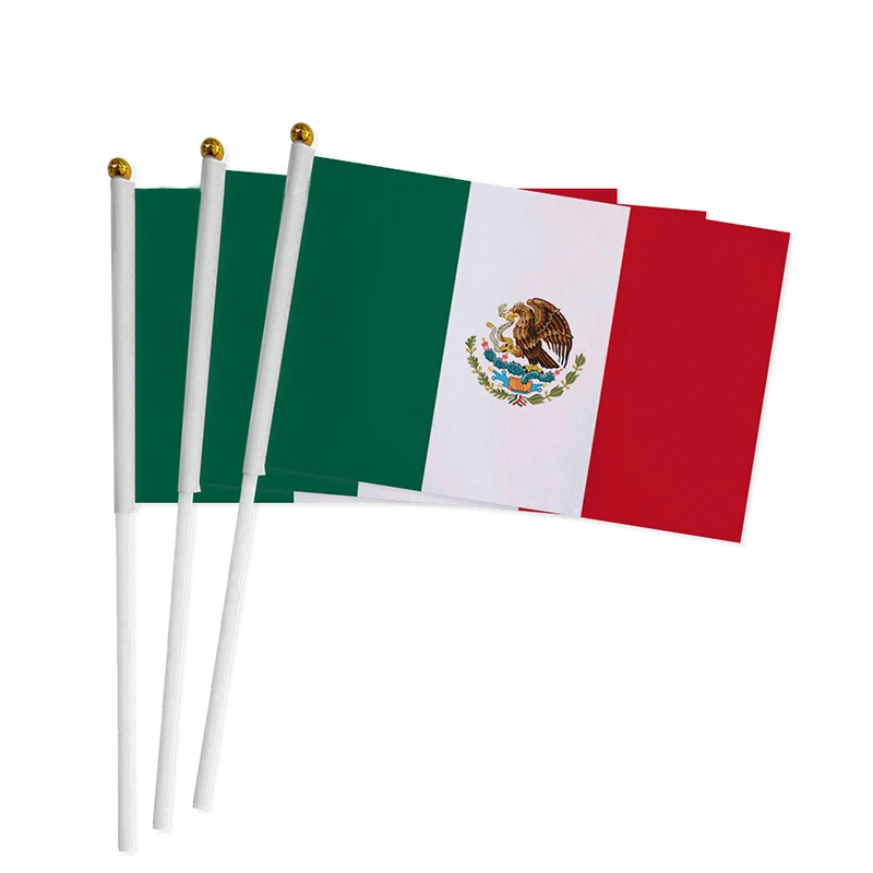 

Aerxrbrae 14 * 21cm mexico hand wave flags 100pcs / lot with plastic flagpole Polyester mexico hand banner