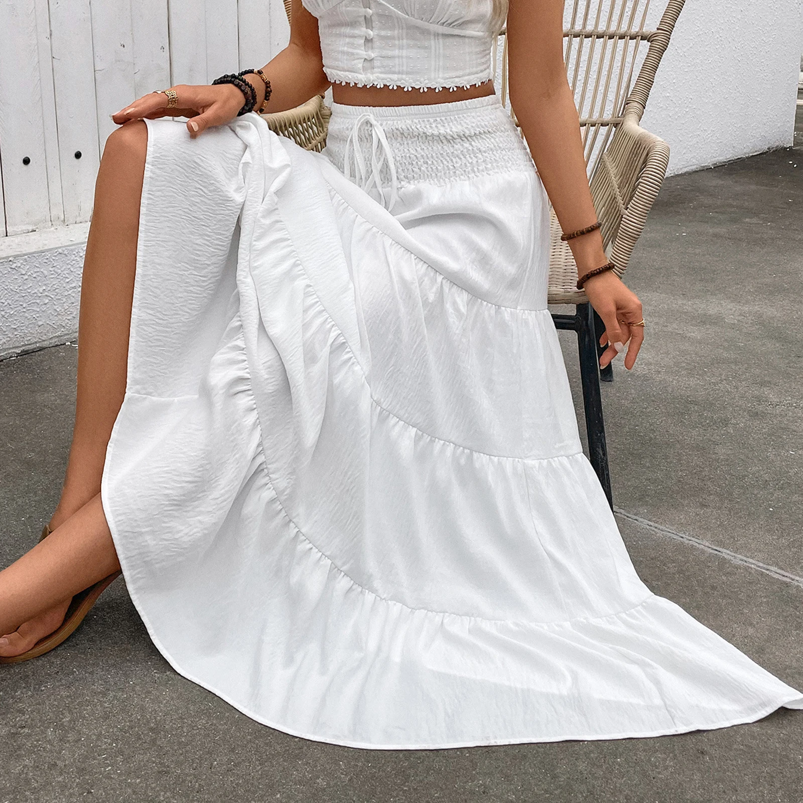 Gonne a vita alta estive classiche da donna Casual elegante tinta unita gonna a trapezio con volant bohémien per le vacanze al mare Streetwear