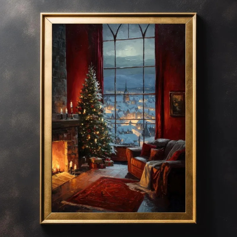 Christmas Living Room Canvas Wall Art Fireplace Xmas Tree Snowy Town View Through Window Vintage Holiday Unframed Canvas Poster