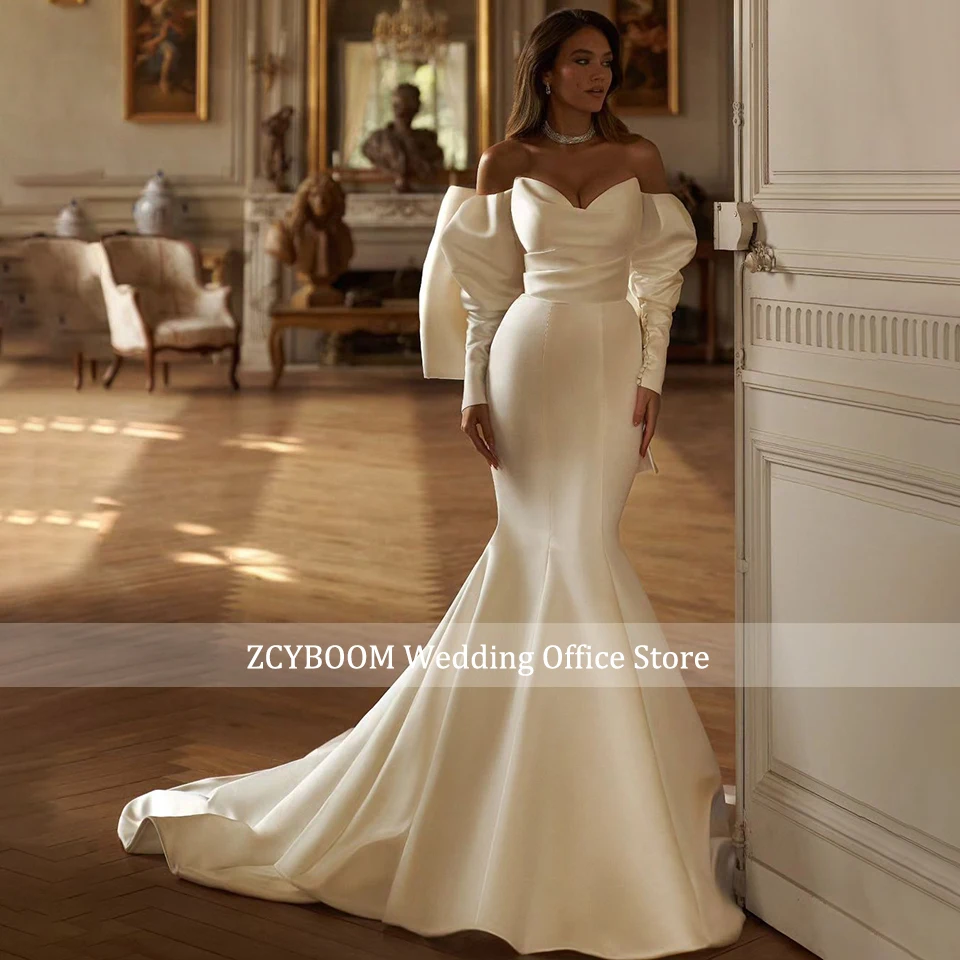 Customized Elegant Satin 2 In 1 Detachable Train Mermaid Wedding Dress 2024 Long Sleeves Women Bridal Gowns Vestido De Noiva