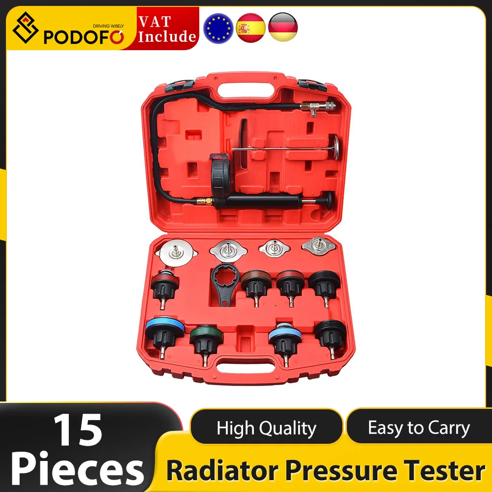 Podofo 15-Piece Set Universal Radiator Pressure Tester and Pieces Radiator Pressure Tester Portable Toolbox