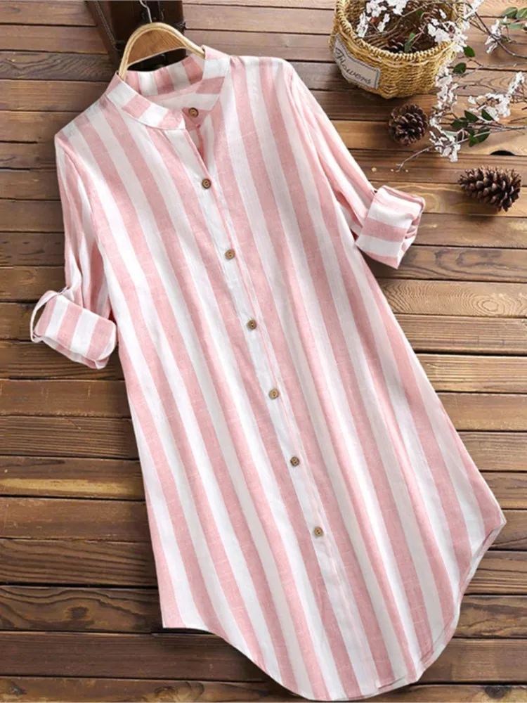 Camicia di lino in cotone a maniche lunghe da donna di nuovo arrivo primaverile Camicetta di media lunghezza con bottoni casual allentati con stampa a righe di moda