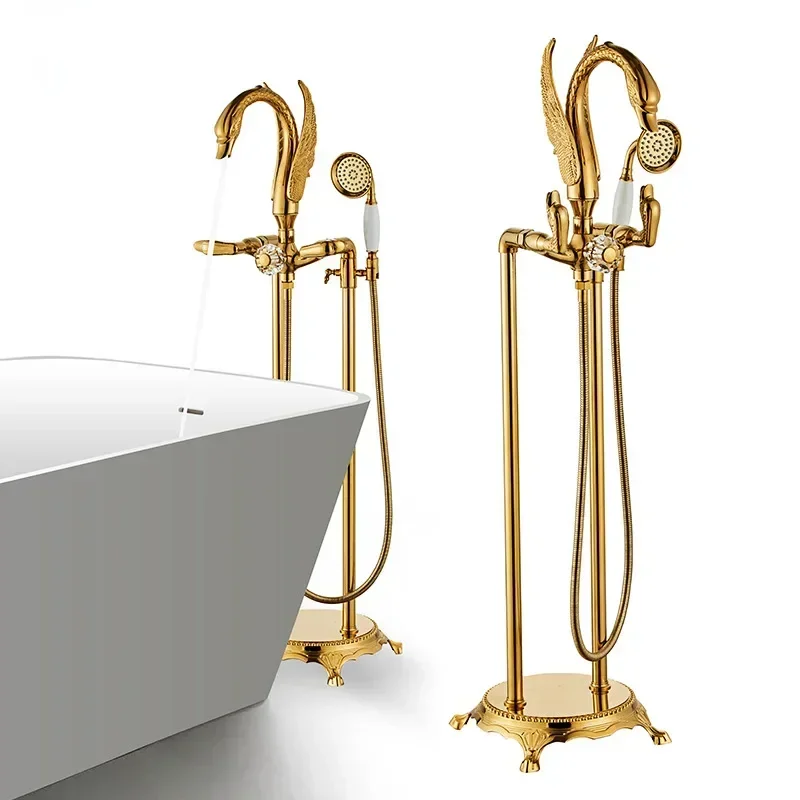 European luxury all-copper seat floor-to-ceiling bathtub edge faucet shower wooden bucket independent water mixing valve hot