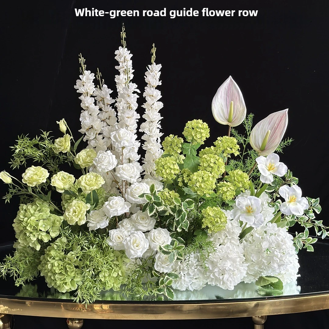 

White and green wedding path flower arrangement finished product manufacturer wholesale swallowtail hydrangea rose fake flowers