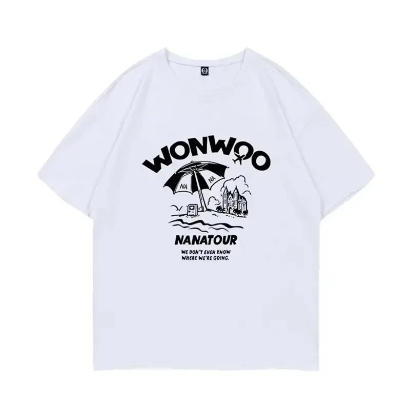 Summer Simple White Letter Print Short Sleeve Kpop Nanatour Femme T-Shirt S.Coups Jeonghan The8 Y2k Women's Cotton Top Oversized