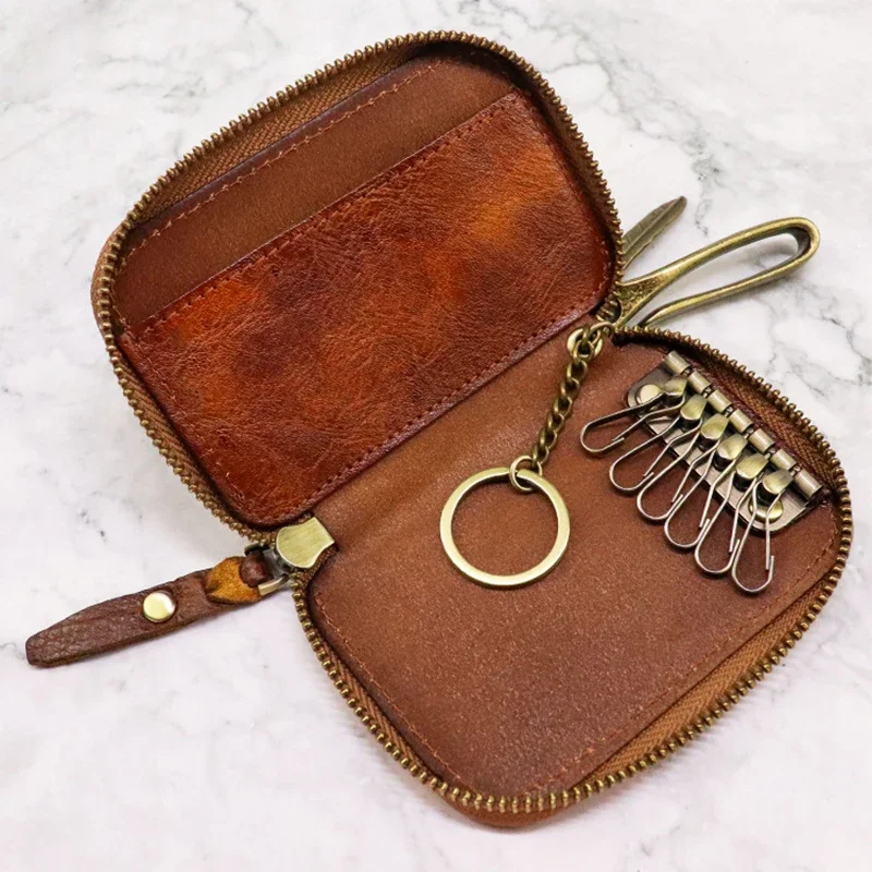 100% Genuine Leather Key Wallet Men Car Key Holder Retro Key Bag Men Purse Vintage Housekeeper Keychain Cowhide Card Holder Case