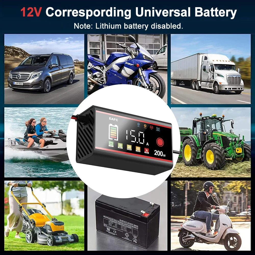 EAFC 200W /100W Car Battery Charger 12V 15A 8A Automatic and Battery Charging Device Lead-acid LiFiPO4,GEL, AGM Battery
