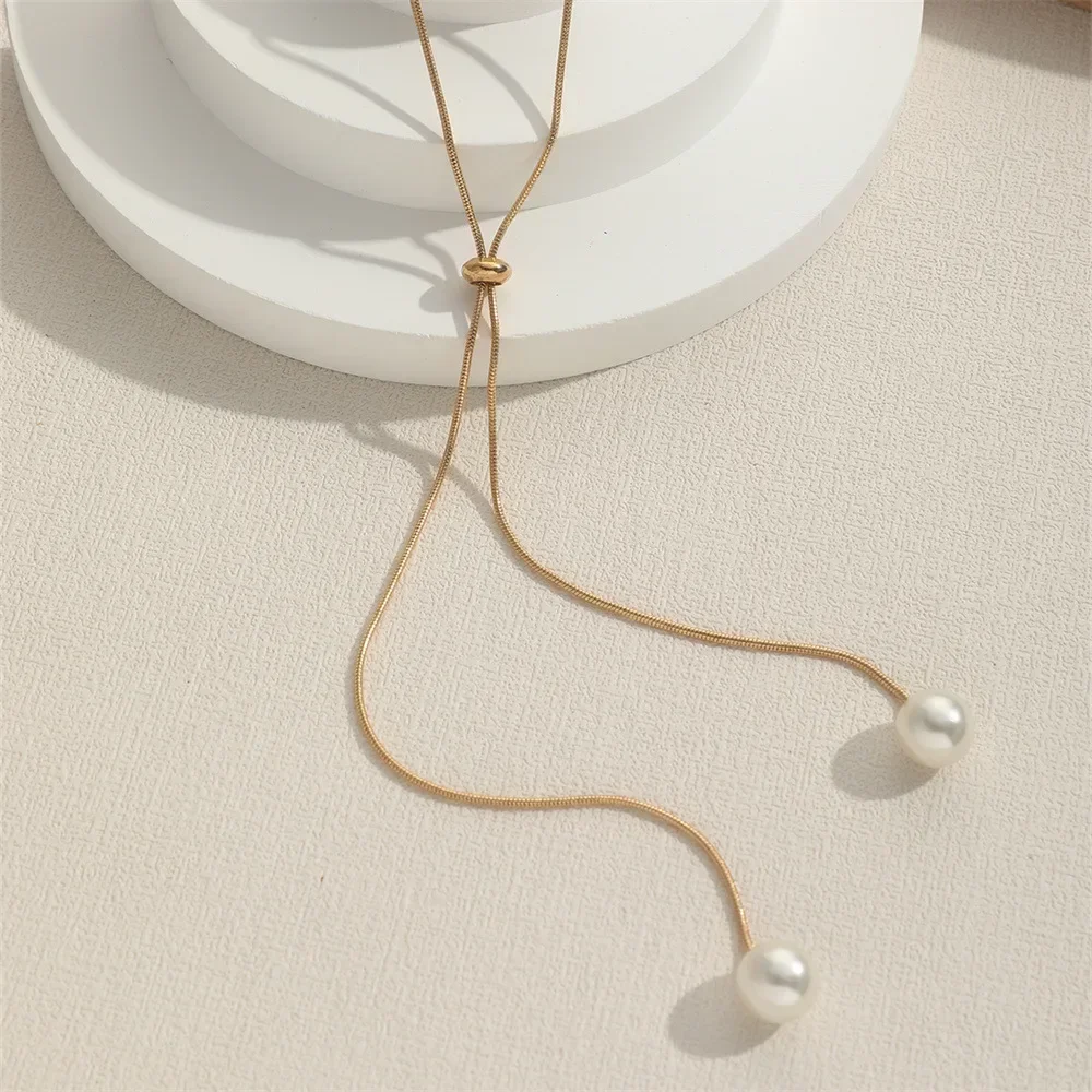 Fashion Simple Gold Color Pearl Necklaces for Women Long Tassel Pull Design Clavicle Chains Necklace Jewelry Collares