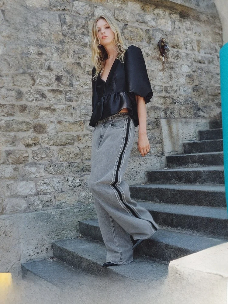 

Женские летние джинсы H&M с широкими штанинами, джинсовые, с боковыми вставками, повседневные, из хлопка, с естественной талией, свободного кроя, для подростков и молодых женщин