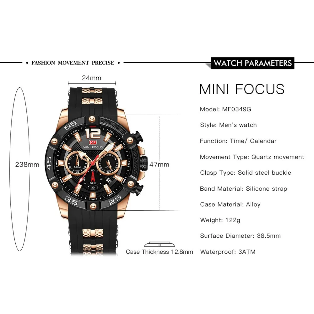 MINI FOCUS Luxury Brand Men\'s Watches Three Eyes Design Fashionable Sporty Silicone Strap Waterproof Date Quartz Watch for Men