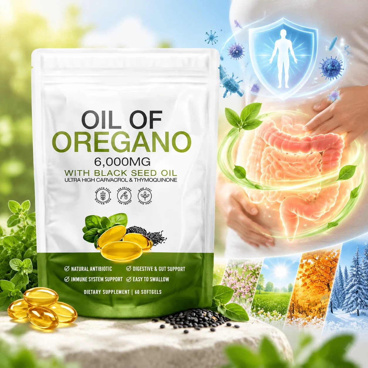 6000mg Oil of Oregano with Black Seed Oil Softgels Digestive Balance Immune Defense Gut Cleansing Herbal Formula Non GMO 60pcs