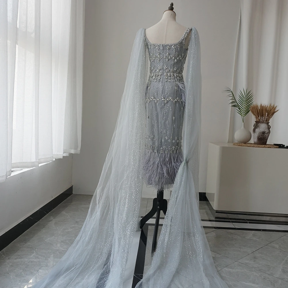 Best Price Bling Gray Mermaid Arabic Evening Dress with Cape Feather Prom Formal Dresses for Women Wedding Party Gowns LA71492