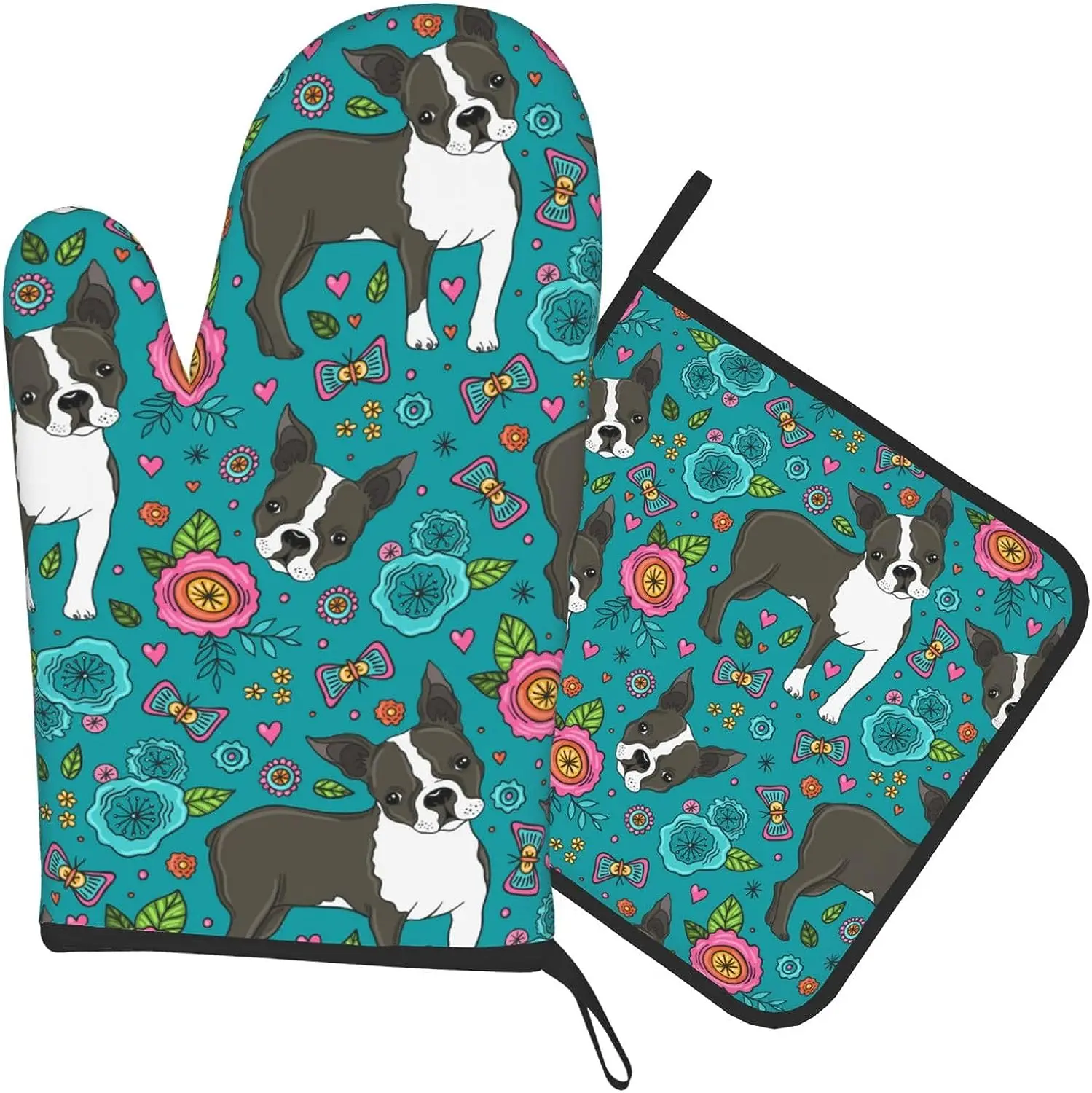 Boston Terrier Dog and Flower Oven Mitt and Pot Holder Set Oven Glove for Kitchen Baking Cooking Grilling