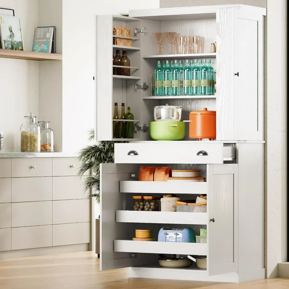 Kitchen Pantry Cabinet with Sliding Storage Rack and 6 Hanging Shelves, 72