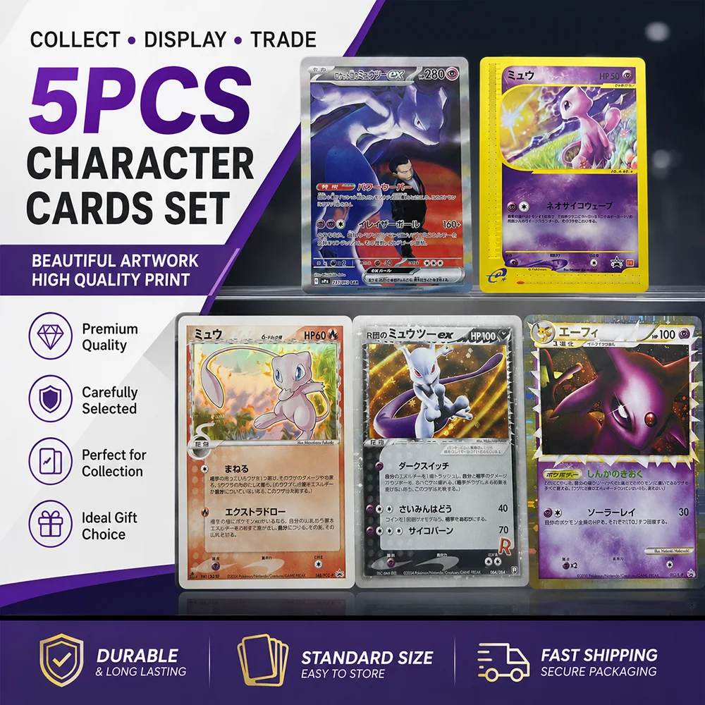 5 Stück Anime PTCG Mew Mewtwo Espeon Charakter-Sammelkarten-Set Holo-Folie Sammelkarten Seltene Kunst-Display-Karten Geschenk für Sammler