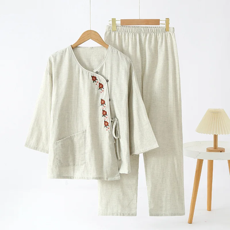 New Pure Cotton Chinese National Style Women\'s Pajamas Embroidered Double Layer Yarn Long Sleeve Trousers Loungewear Women Suit