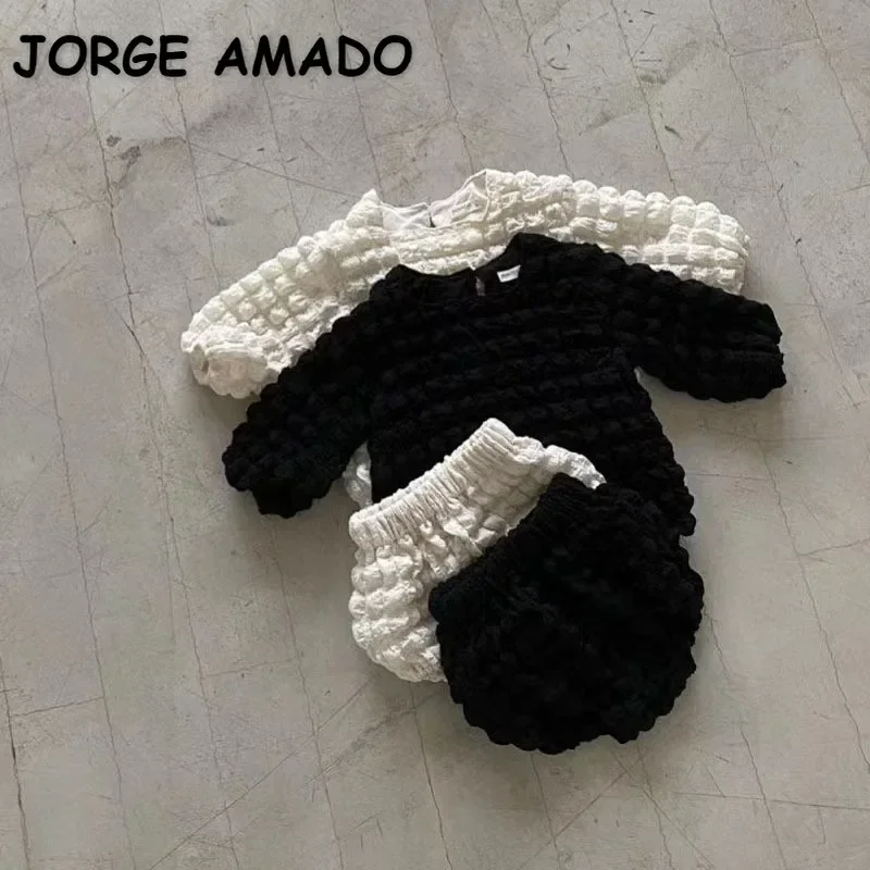 Spring Autumn Baby Girl Boy Sets Long Sleeves Beige Black Losse Top+PP Shorts Child Casual Clothes E3400