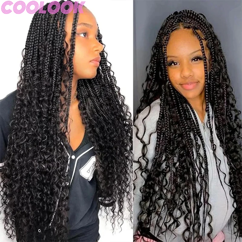 Synthetic Boho Braided Wigs for Women Square Part Braid Lace Front Wig with Curly End Knotless Cornrow Braids Wig with Baby Hair