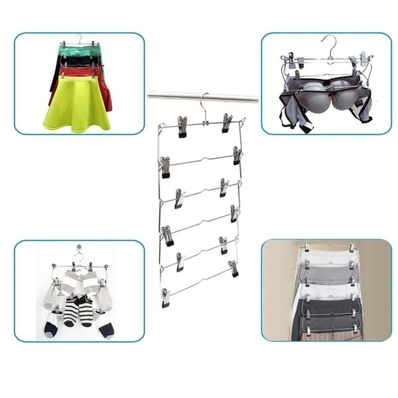 6 Layer Clothes Hangers Multilayer Skirt Trouser Hanger for Pants Non Slip Metal Hanger Clips Clothing Storage Rack Holder