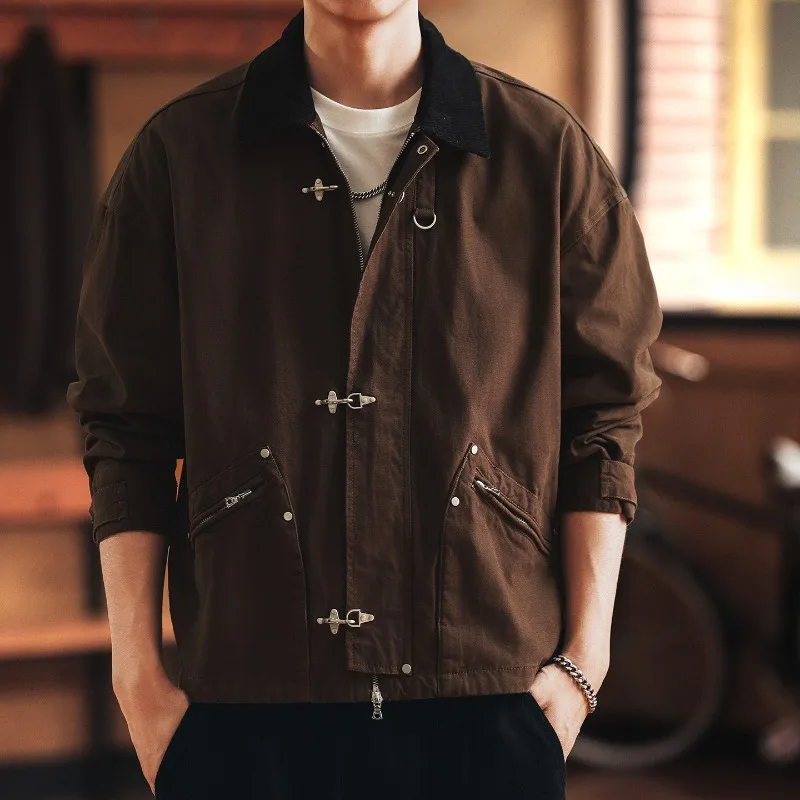 Mens Jacket Harajuku American Vintage Streetwear Workwear Buckle Design Loose Fit Autumn Casual Cargo Jacket Retro Fashion Trend
