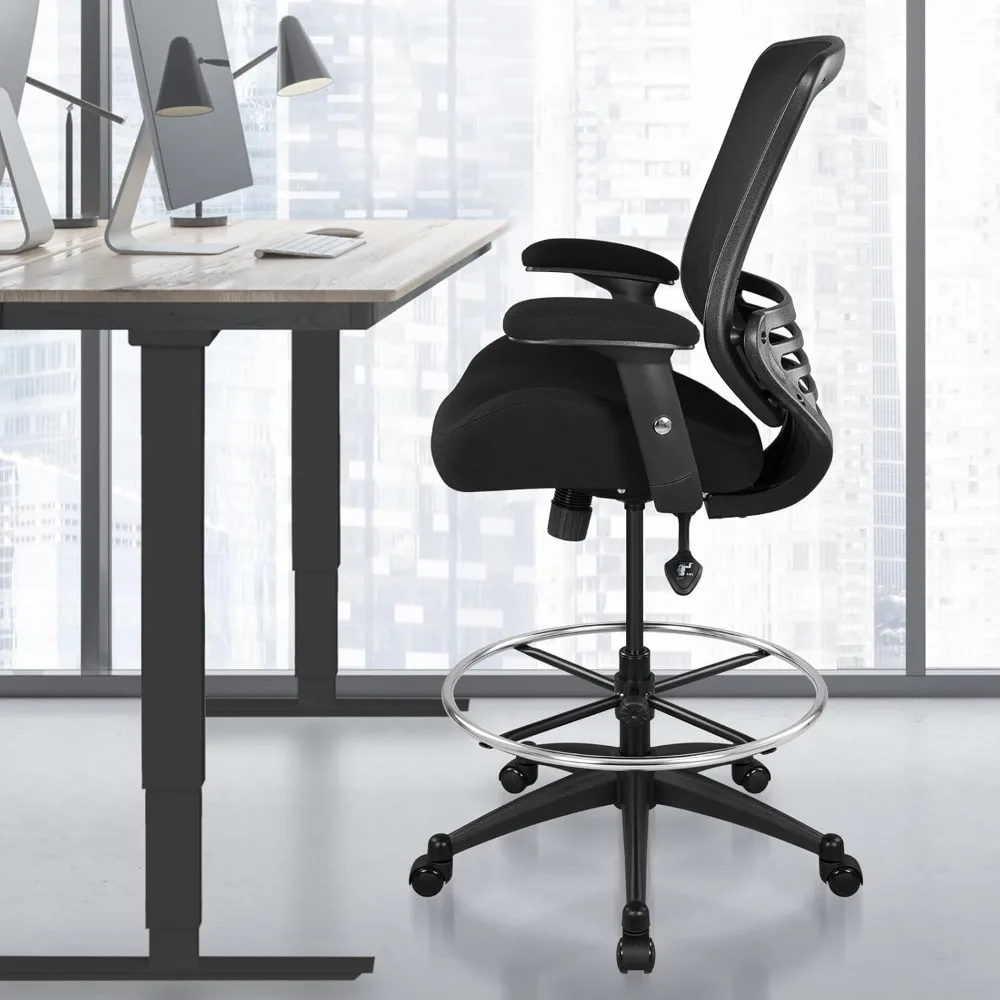 인체공학적 메쉬 사무용 드래프팅 의자 (조절 가능한 발판 및 높이 조절 가능한 팔걸이 포함) (블랙)