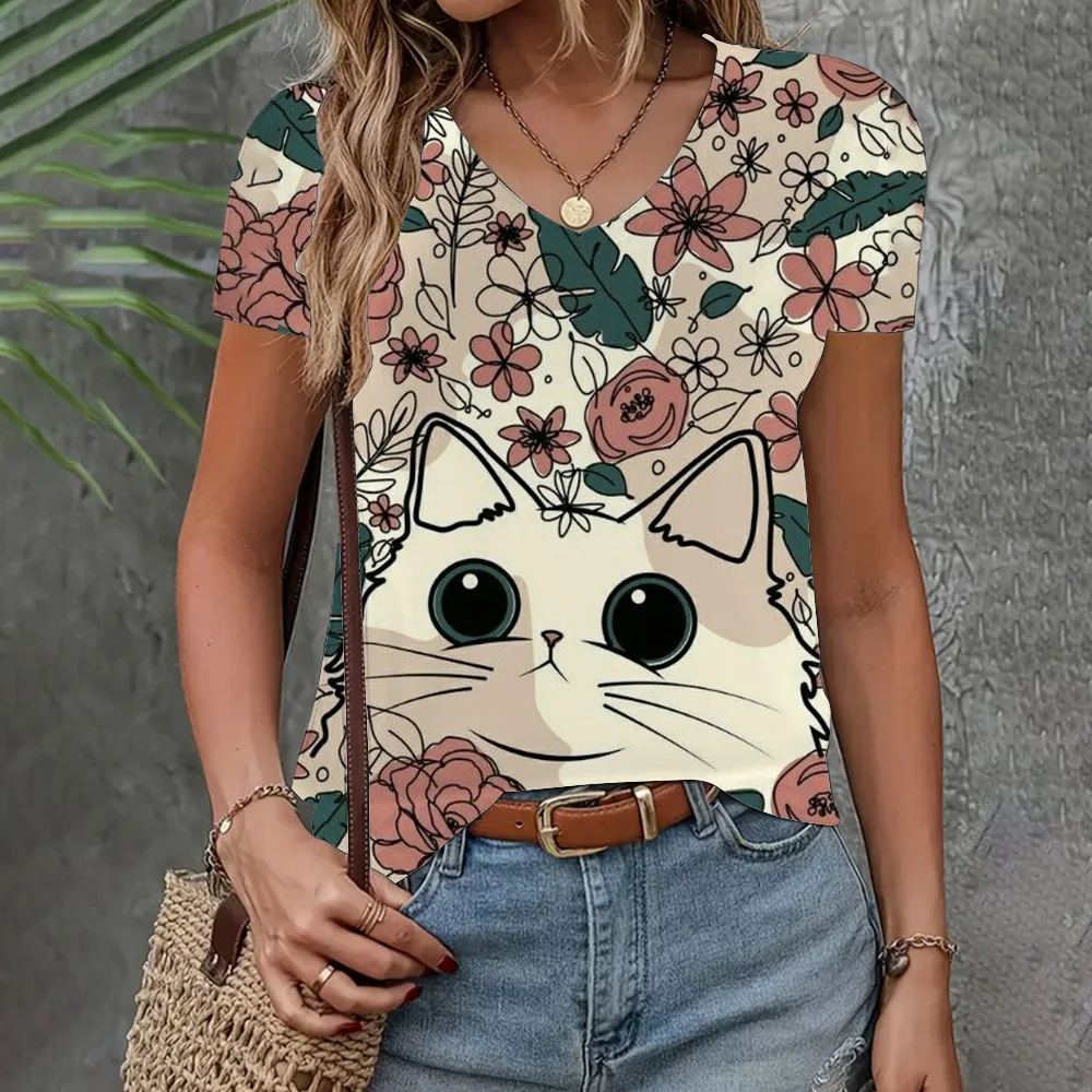 Summer Women's Clothing T-shirt Casual Loose Short Sleeve Cat Graphic Comic Top Fashion V-neck Clothing Elegant Women's T-shirt