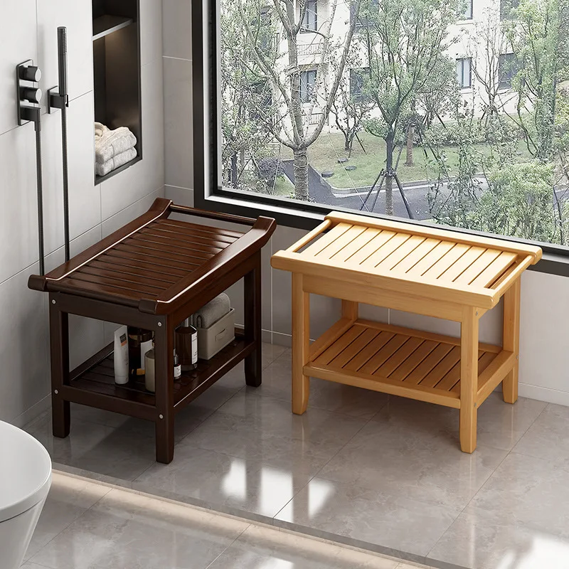 

Shower Bench Stool Wooden Bathroom Seat With Handrails Multifunctional Sturdy Waterproof Bathroom Seat Flat for Elderly Pregnant