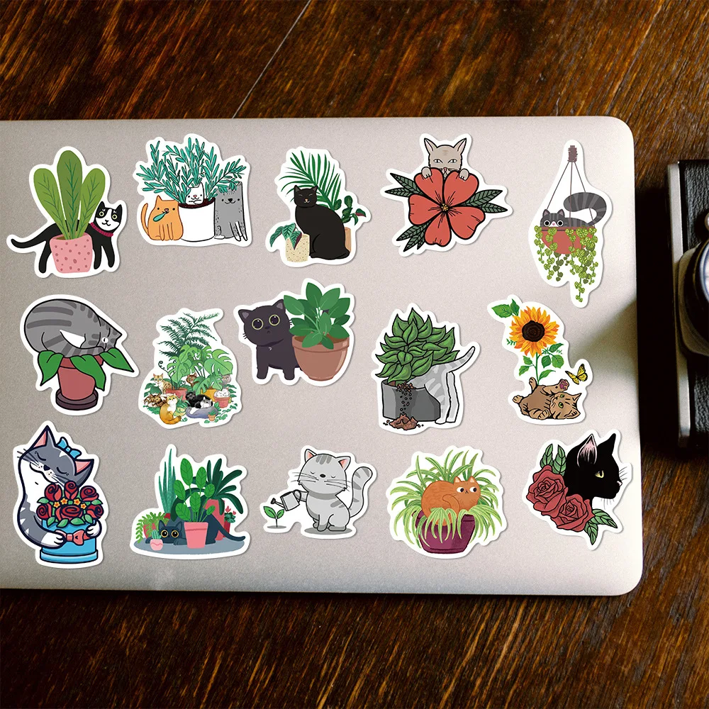 10/30/50PCS New Cartoon Cat with Green Plants Exquisite Stickers Gift Toys DIY Laptop Luggage Ipad Guitar Stickers Wholesale