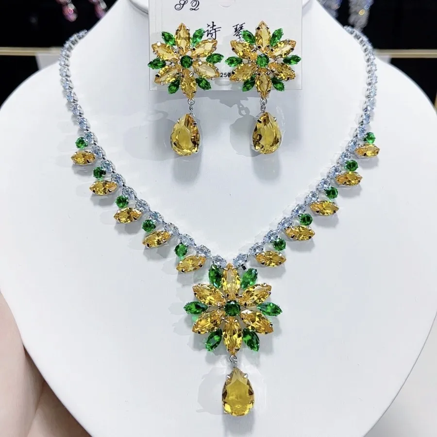 Luxury Handmade Jewelry Set Cubic Zirconia Flower Necklace Earrings Sets 925 Sterling Silver Posts Women Party Jewelry Gift