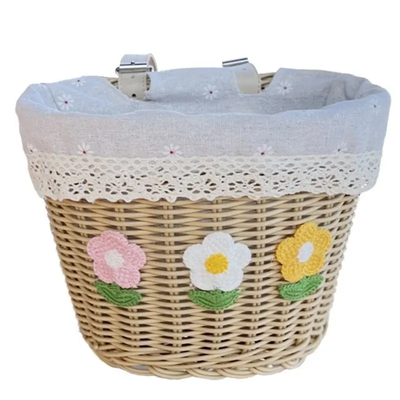 

ABVL-Kids Bike Basket, Handwoven With Leather Straps, Lined, Decorative Flowers, Removable, Fits Most Bicycles
