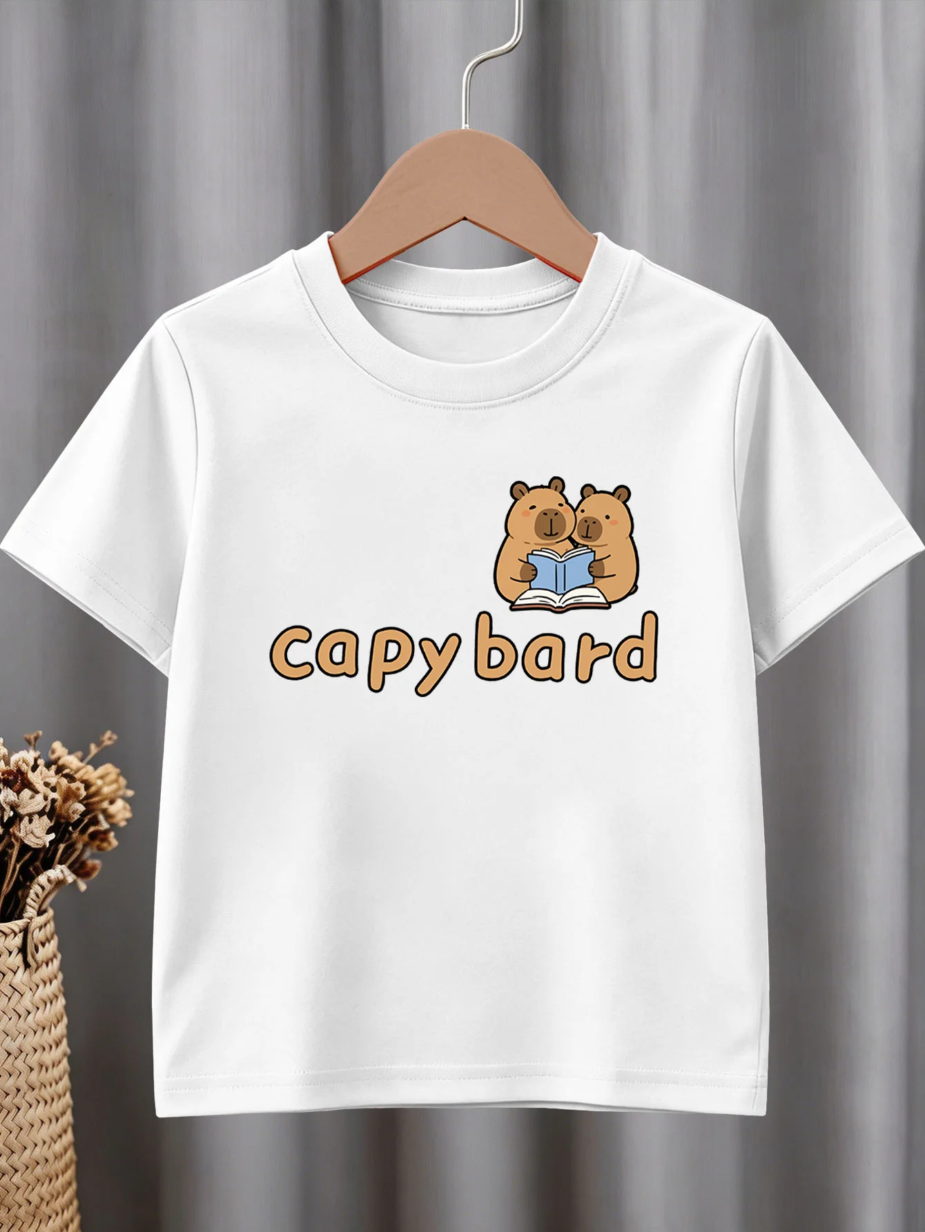 Cute Reading Capybara Letter Print Graphic Kids Tee Boys Girls Family Matching Cotton Crew Neck Short Sleeve Soft Summer Tee