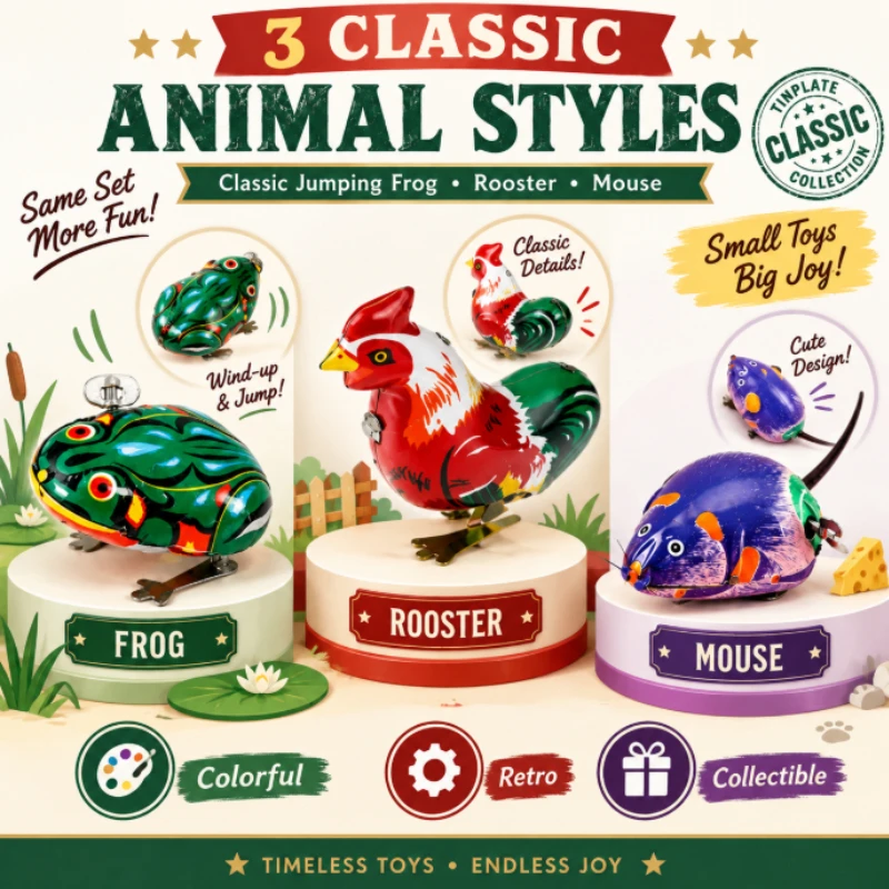 Old‑Style Clockwork Tin Animal Toy Set, Hand‑Wound Spring‑Driven Decor Figurine, Vintage Collectible Ornament for Hobby Lovers