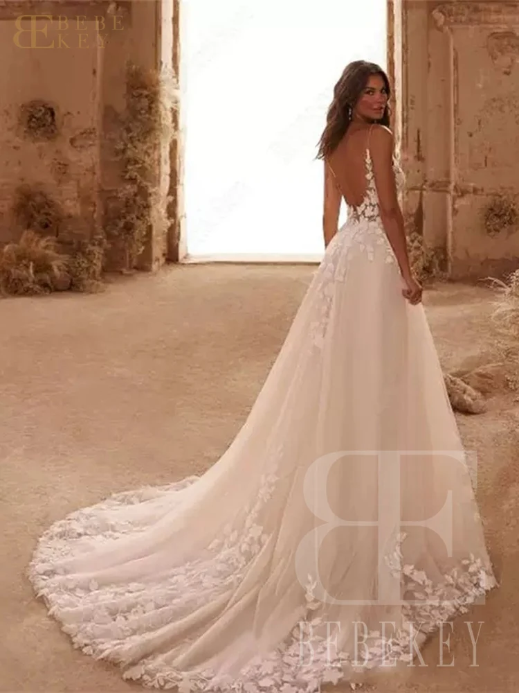 فستان زفاف BEBEKEY مخصص بحمالات رفيعة لامعة فستان زفاف نسائي برقبة على شكل حرف v فستان رسمي مزين بدون ظهر بوهو فيستدوس دي نوفيا #2