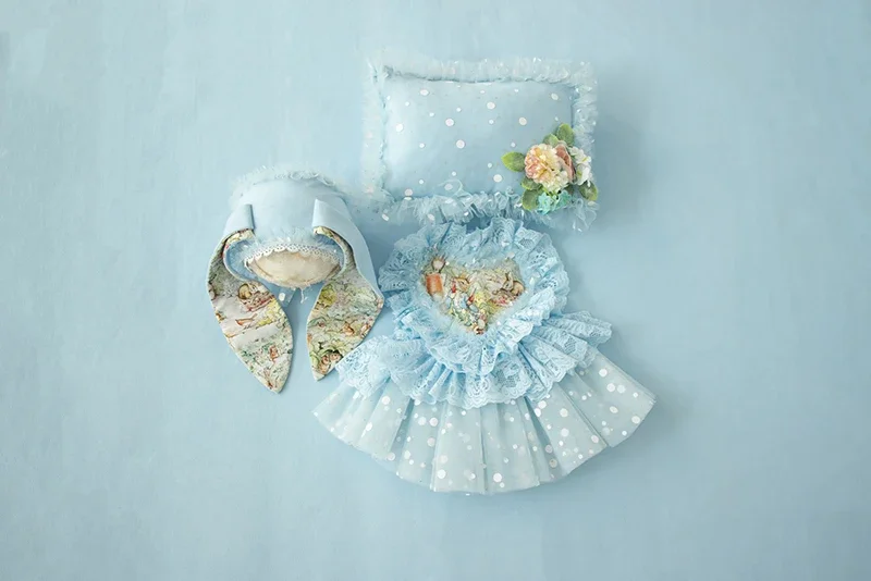 Newborn Photography Props for Baby Girls Princess Blue Dress Bunny Hat Posing Pillow Costume Studio Shooting Photo Prop