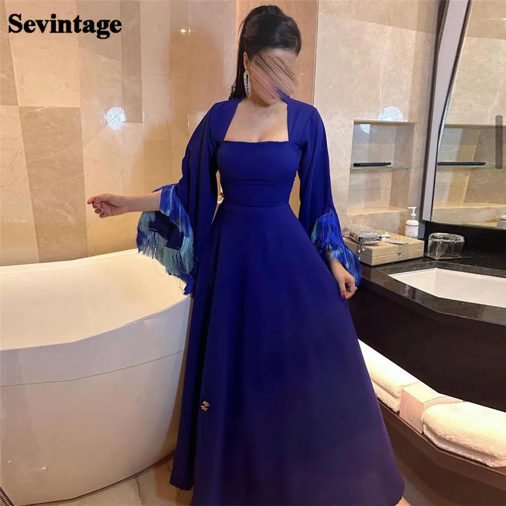 

Sevintage Royal Blue Saudi Arabia Women Prom Dresses Trumpet Sleeve With Tassel Formal Evening Dress Dubai Women Occasion Gowns