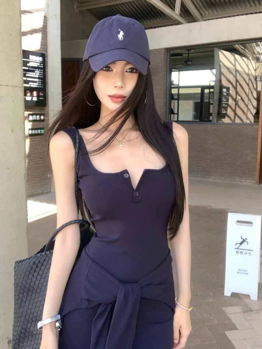 

Slim Fit Vest Dress with Chest Pad Two-Way Wear Shoulder Casual Korean Style Long Skirt City Commuting High Waist Breathable