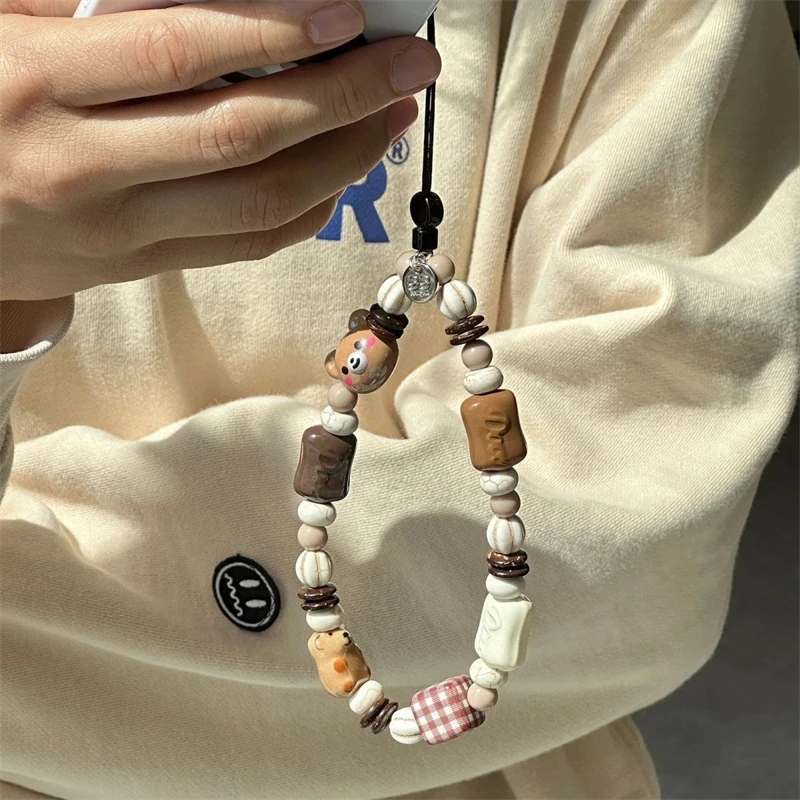 Korean Cute 3D Brown Bear Puppy Beaded Phone Chain Charm Lanyard For iPhone 15 14 7 CCD Camera Hanging Rope Girl Jewelry Pendant