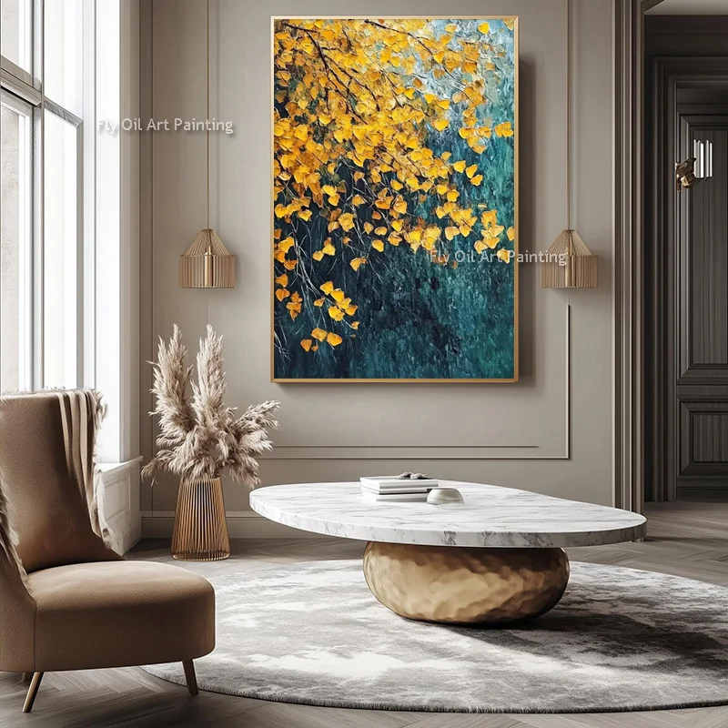 New Popular Blue Yellow SimpIism Wall Art On Canvas Hand Drawn Golden Yellow Tree Landscape Oil Painting For Room Hall Decor