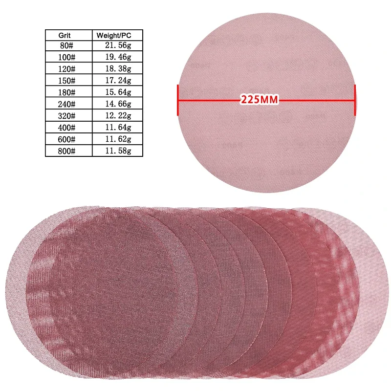 5 pces 9 Polegada lixa de malha 977a + gancho e laço sortidos 80-800 grãos para polimento e lixar corpo do carro madeira metal plástico