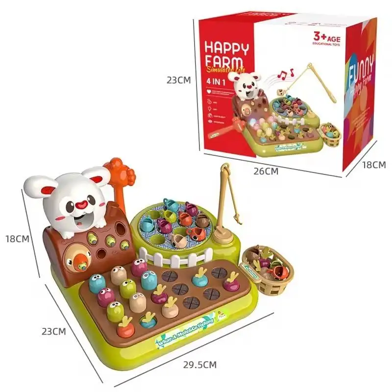 Happy Farm Hammer whack a mole speelgoed 4-in-1 elektronisch bordspel Hoge kwaliteit magnetisch visspel speelgoed voor peuters