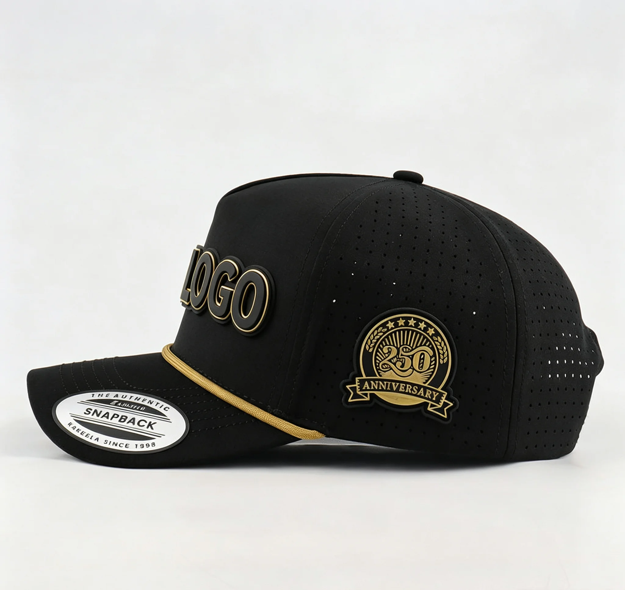 Black Waterproof Sports Running Cap with Laser Cut Hole Custom Rubber Logo Patch Men's Polyester Rope USA Performance Hat view 3